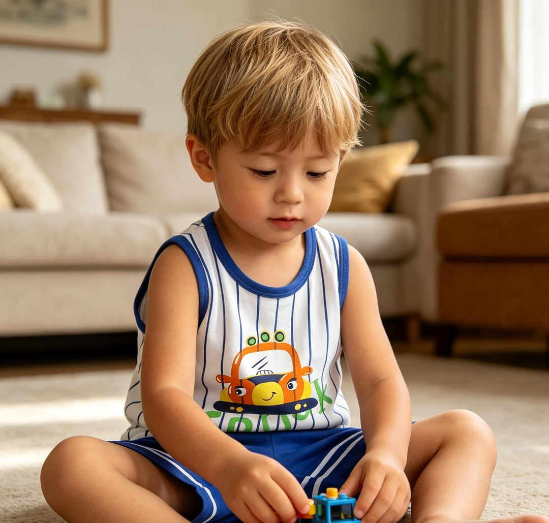 8er Pack Baby Kinder Outfit Set, Ärmelloses Baumwoll Weste + Shorts, Cartoon Print Jungen Mädchen 3
