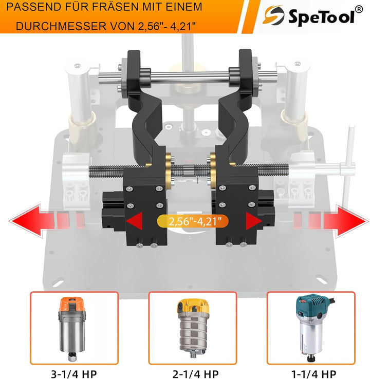 SpeTool Fräslift für Oberfräsen mit 65mm-107mm Durchmesser, oberfräsenlift aus Aluminium mit DIY-Sch