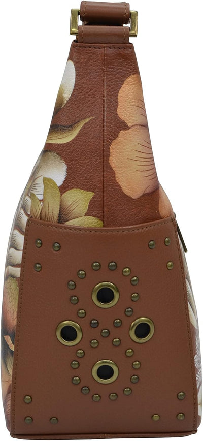 Anuschka Klassische Handbemalte Hobo Tasche aus echtem Leder mit beschlagenen Seitenfächern Cleopatr