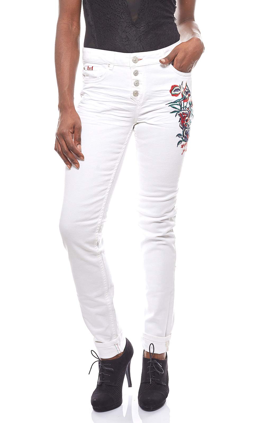 H.I.S. angesagte Damen Jeans-Hose mit Blumenstickereien Trend-Hose Hose Weiss, Grössenauswahl:W42/L3