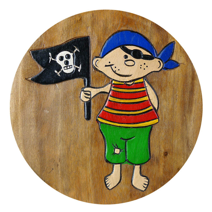 ART-CRAFT Vielseitiger Kinderhocker Holzhocker rund aus Massivholz Motiv Pirat mit Flagge mit vielen