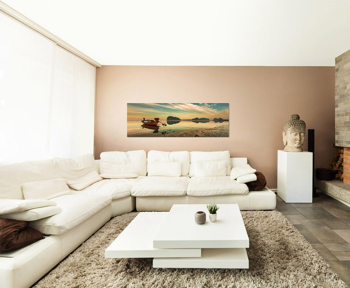 Paul Sinus Art Panoramabild auf Leinwand und Keilrahmen 150x50cm Strand Meer Boot Felsen Wolken Spie