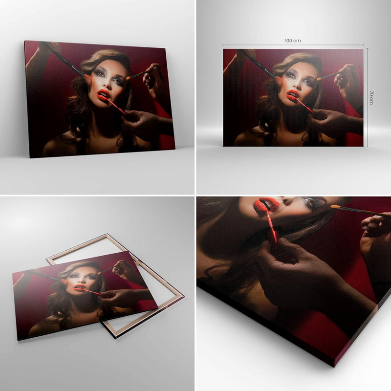 Bilder auf Leinwand 100x70cm Leinwandbild mit Rahmen Frau Make-up schön Gross Wanddeko Bild Schlafzi