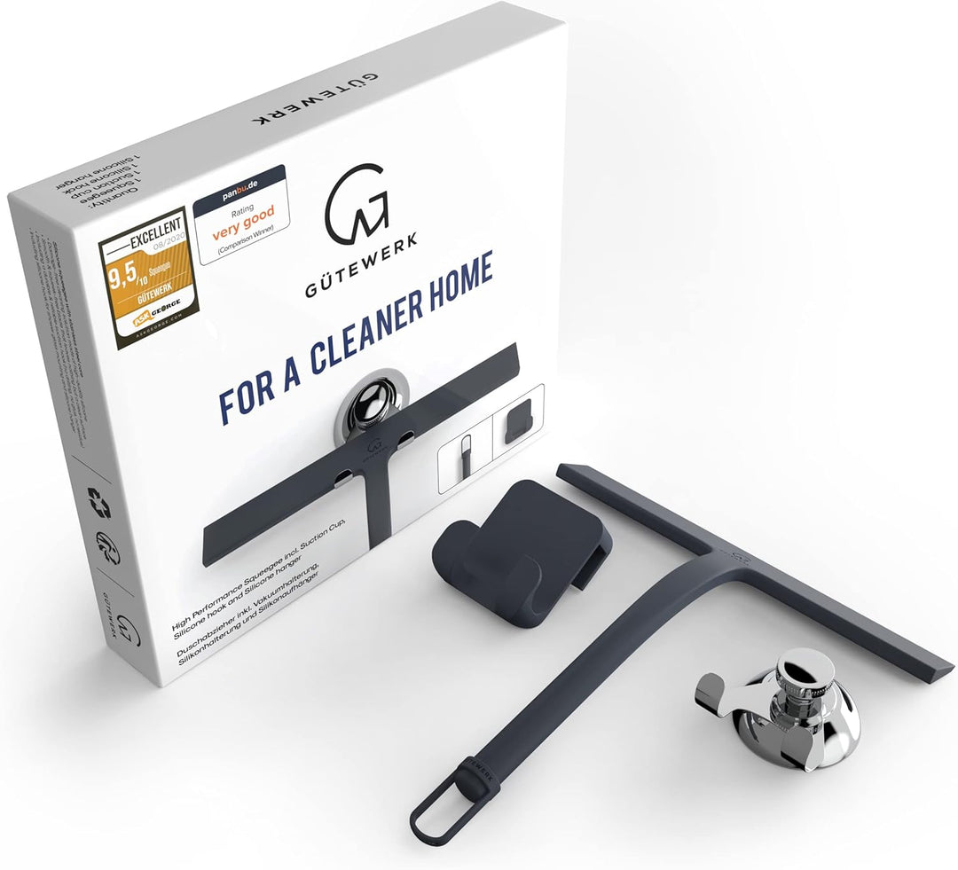GÜTEWERK Duschabzieher Set mit Halter - schwarz 23 cm breit - ohne Bohren Silikon Abzieher Dusche Ba