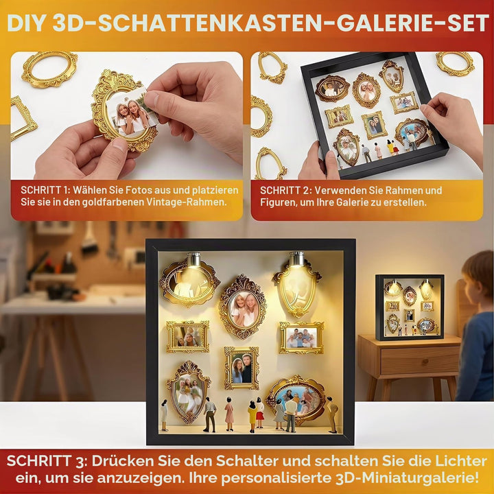 DIY Mini Museum Bilderrahmen Set mit LED Licht, Silhouettenbox mit 8 Mini Goldrahmen & Figuren, Krea