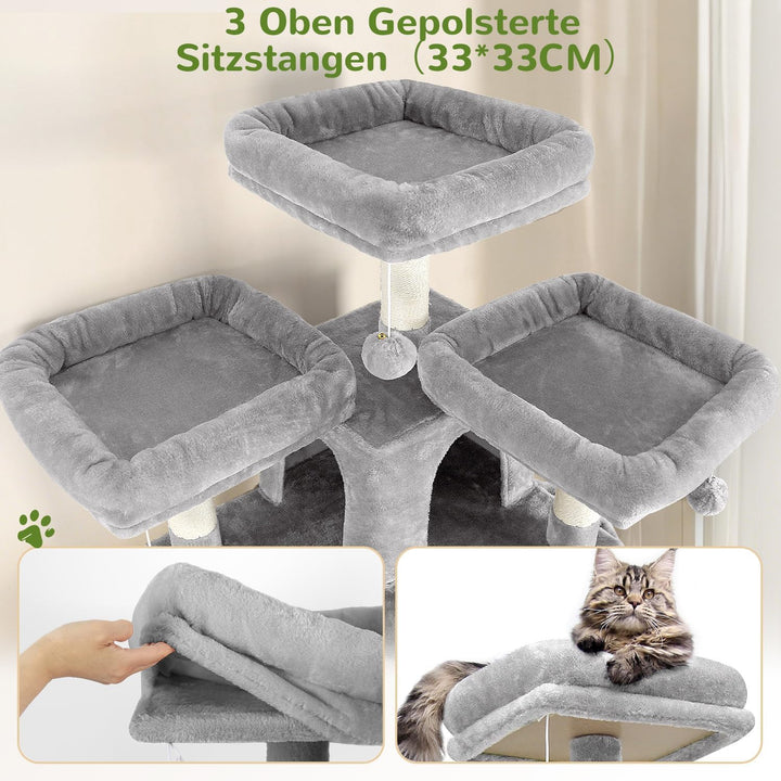 Globlazer Kratzbaum Stabil 174 cm mit 3 Gepolsterte Sitzstangen, 2 Katzenhaus, 2 Korb, Abnehmbares H