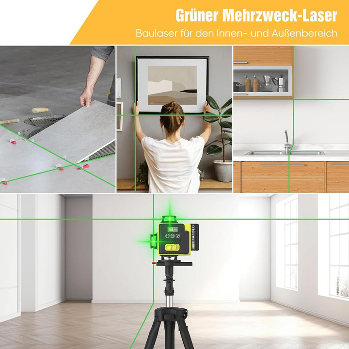 Kreuzlinienlaser mit Stativ, 4x360 Grad Grün Selbstnivellierend Laser Wasserwaage mit 2xBatterien 4D