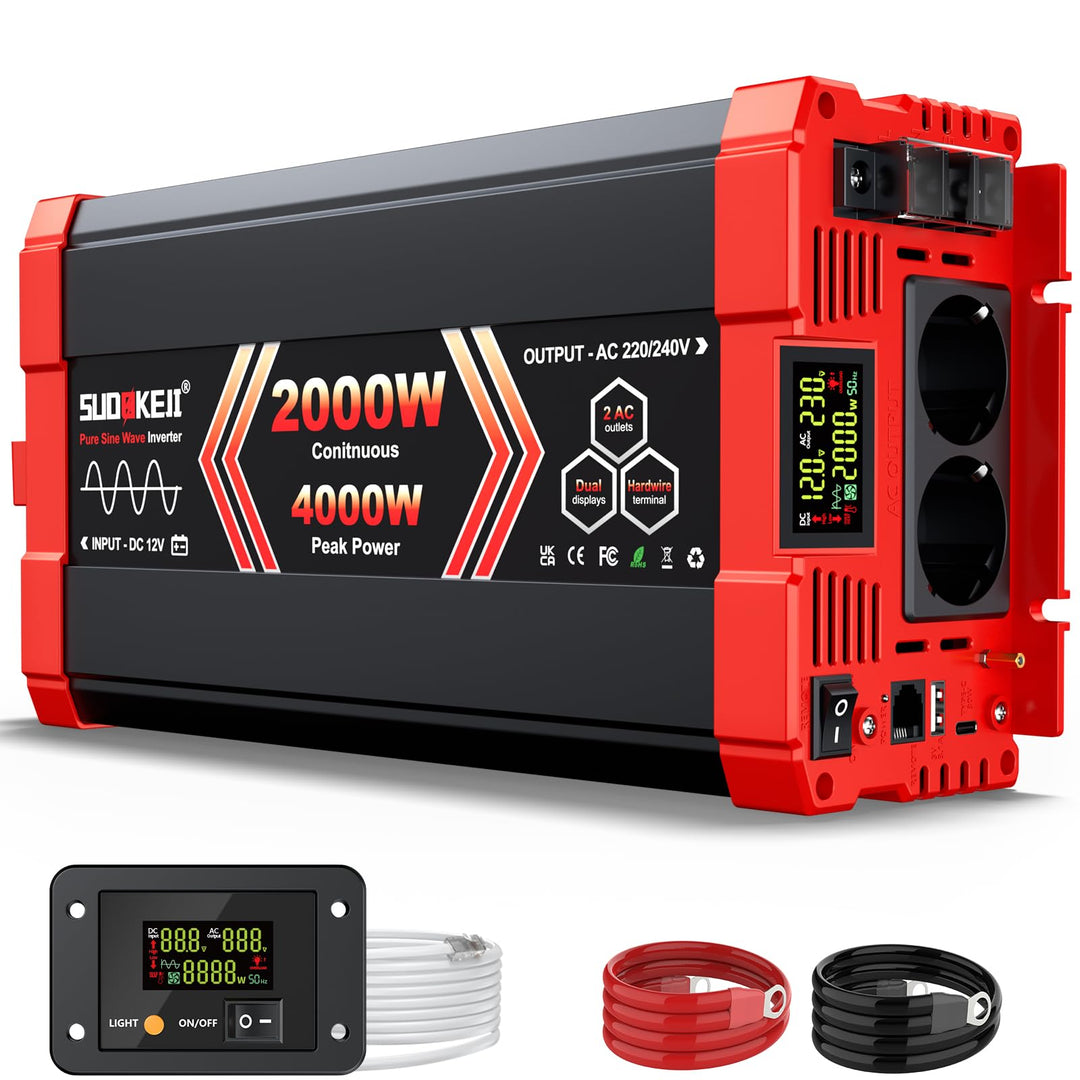 SUDOKEJI 2000W/4000W Wechselrichter Reiner Sinus Spannungswandler 12V auf 230V EU-Steckdose mit LCD