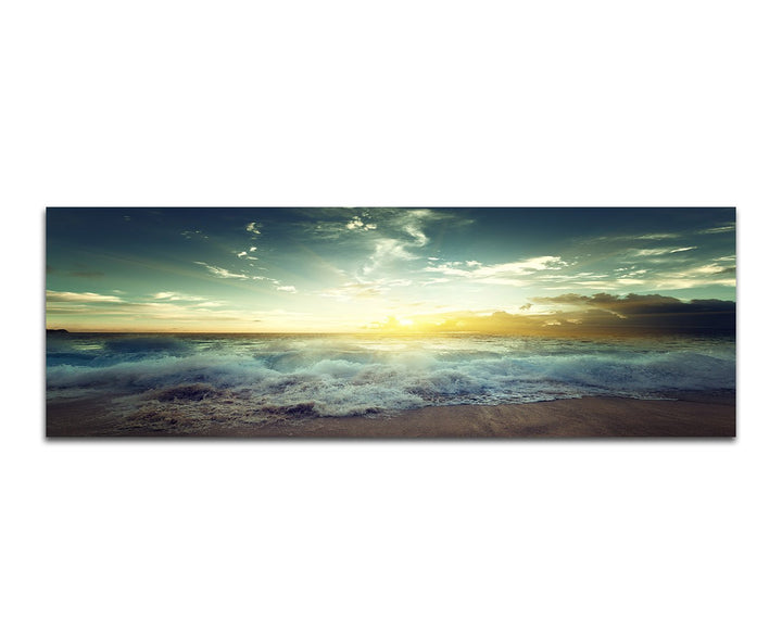 Paul Sinus Art Panoramabild auf Leinwand und Keilrahmen 150x50cm Seychellen Strand Meer Brandung Abe