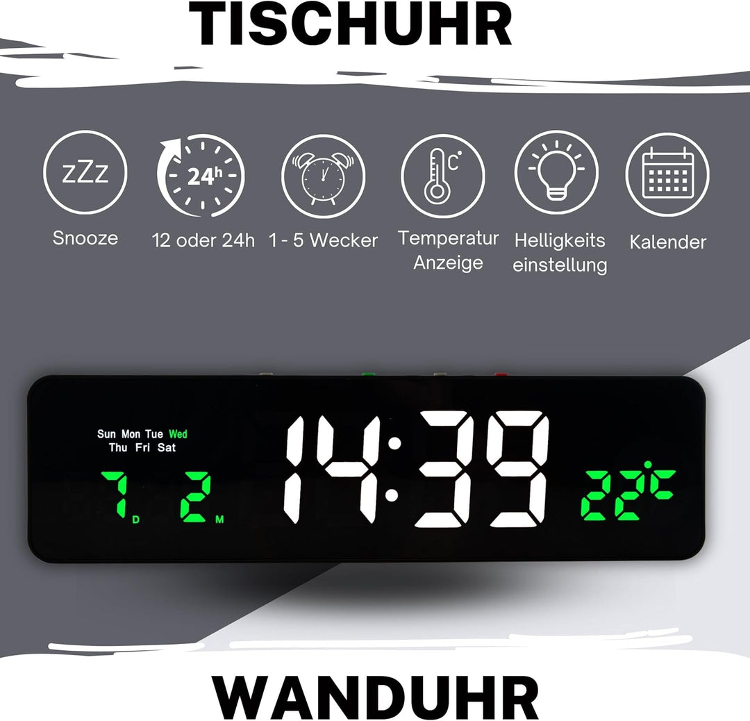 Wanduhr Digital, LED Tischuhr mit Temperaturanzeige, Wecker Snooze, 12/24-Stunden-Anzeige, LED-Uhr,