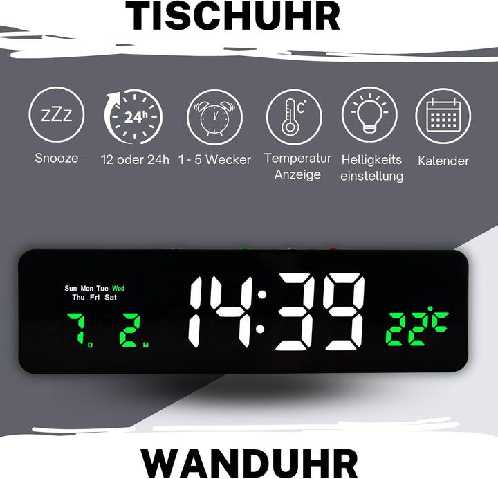 Wanduhr Digital, LED Tischuhr mit Temperaturanzeige, Wecker Snooze, 12/24-Stunden-Anzeige, LED-Uhr,