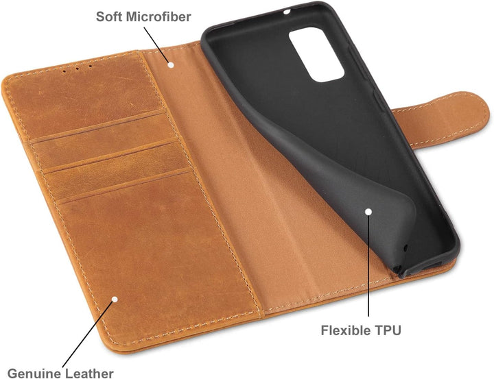 LENSUN Echtleder Hülle für Samsung Galaxy S20, Handyhülle [Echtes Leder] [Magnetverschluss] [Kartenf