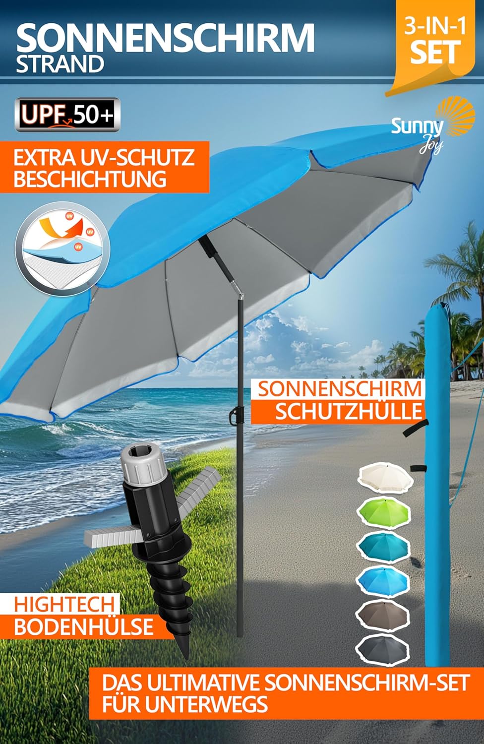 4smile Sonnenschirm Strand SunnyJoy Ø 160 cm, 3er Set - Strandschirm mit UV Schutz 50+, inkl. Sonnen