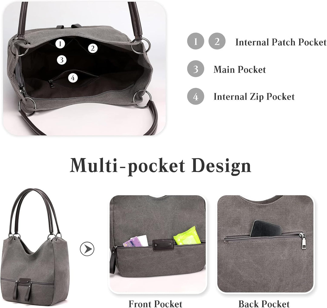 PORRASSO Canvas Hobo Taschen Damen Handtasche Casual Schultertasche Fraue Shopper Tote Henkeltasche