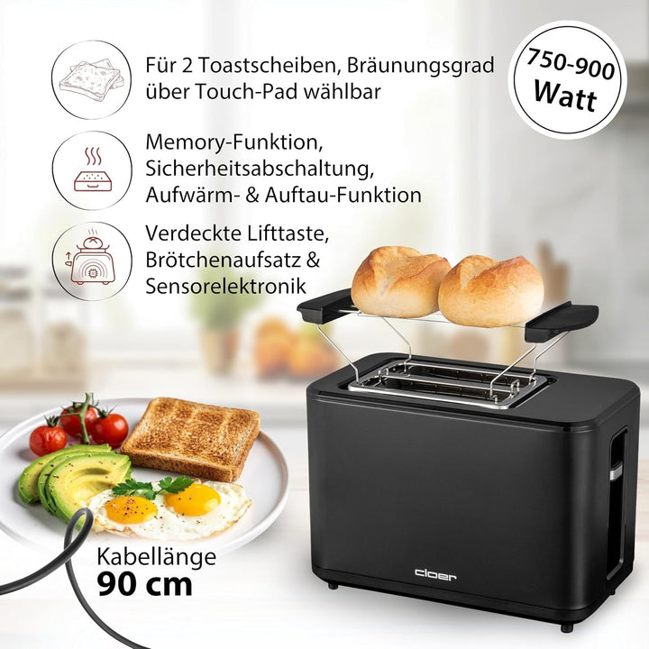Cloer 3930 Digitaler Toaster für 2 Scheiben, Touch-Funktion, 750-900 W, Restzeitanzeige, Auftaufunkt