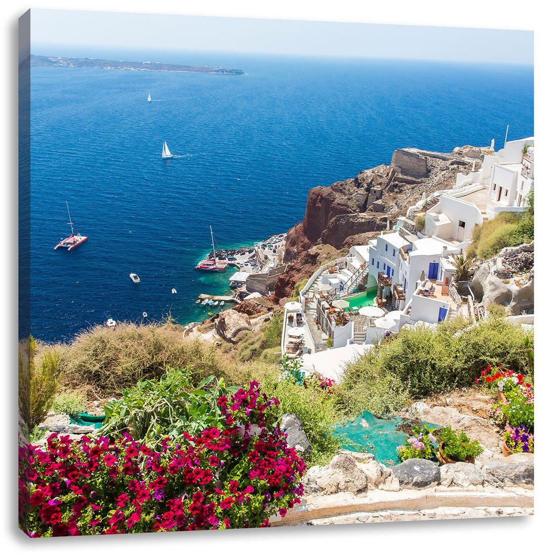 Griechische Küste, Format: 70x70 auf Leinwand, XXL riesige Bilder fertig gerahmt mit Keilrahmen, Kun