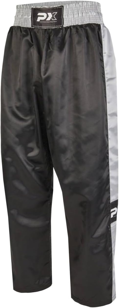 Kickboxhose PX Topfight - schwarz-grau mit Gummibund - Kickboxing Kampfsport Hose lang - Grösse 120