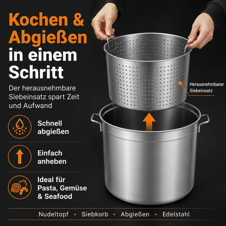 100L Suppentopf mit Deckel und Siebkorb, Edelstahl Kochtopf Induktion Kompatibel, Grosser Gewerbetop