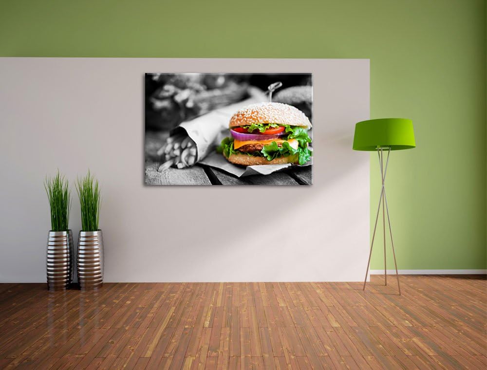 perfekter Burger mit Pommes schwarz/weiss Format: 100x70 auf Leinwand, XXL riesige Bilder fertig ger