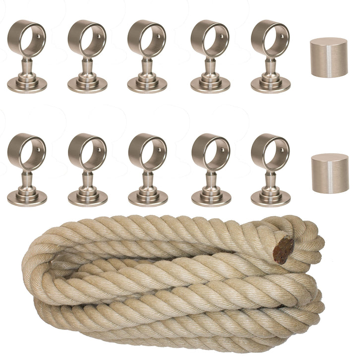 Handlaufseil Set 30mm - bestehend aus 2 Endkappen 10 Seilträger vernickelt und 10m "Nature Touch" Ha