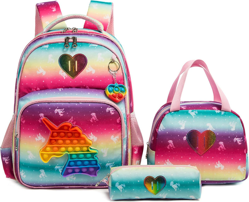 HTgroce Schulranzen Mädchen für Mädchen Pop it Rucksack Schulranzen Mädchen Set 3 in 1 mit Lunch Bag