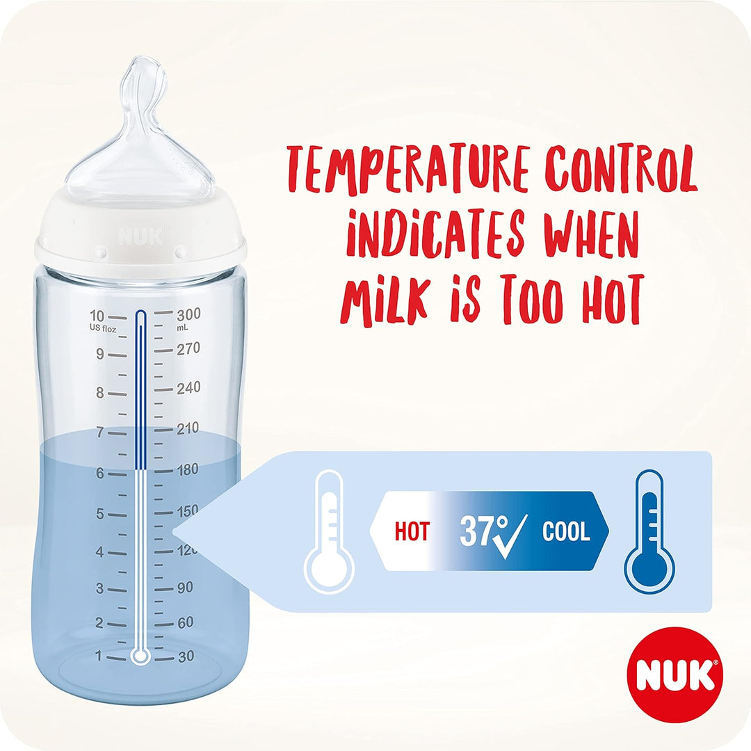 NUK Perfect Start First Choice+ Baby Bottles Set, 0-18 Months, 4 Temperature Control Bottles, Dummy,
