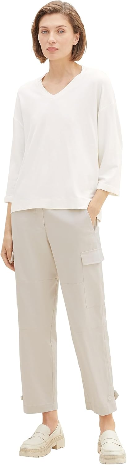 TOM TAILOR Damen Basic T-Shirt mit 3/4-Arm & V-Ausschnitt XL 10315-whisper White, XL 10315-whisper W