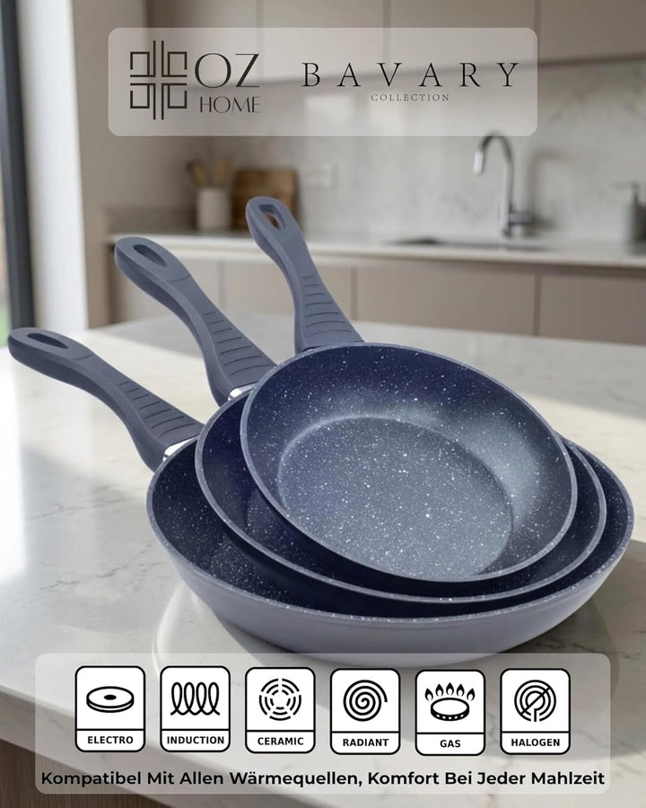 Bavary Bratpfannenset 3-teilig 20/24/28 cm – Granit Antihaftbeschichtung – PFOA & PTFE-frei – Gegoss