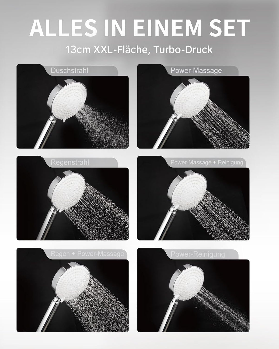 OFFO Duschkopf mit Schlauch 1,6m mit Verdrehschutz, Handbrause mit Filter 6 Strahlarten, Duschkopf G