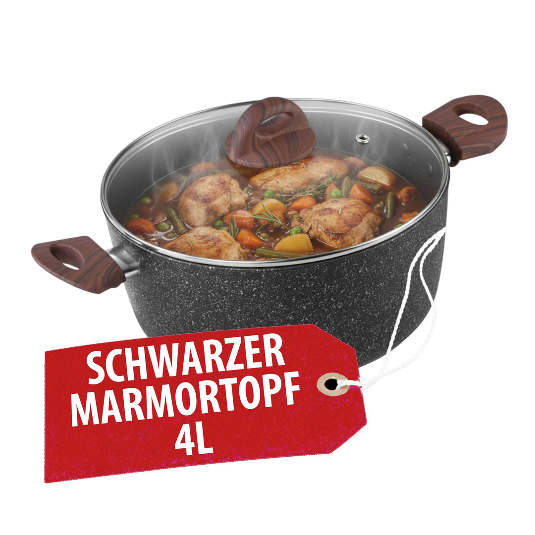 MAGIC HOME Aluguss Topf 24 cm INDUKTION | Marmor Antihaft | Kleiner Beschichteter Kochtopf mit Glasd
