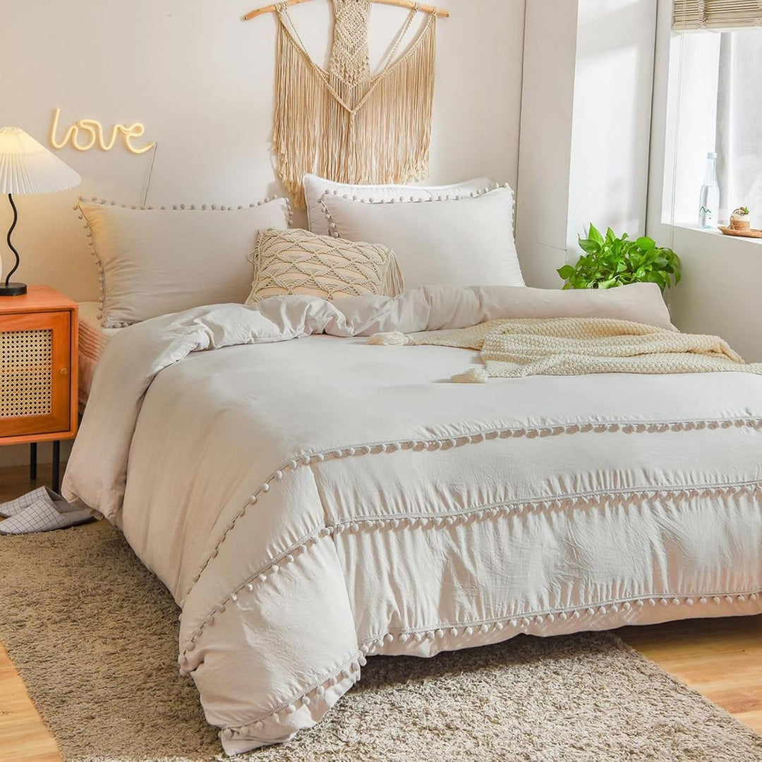 Freyamy Böhmen Bettwäsche 135x200cm 4teilig Beige Pom Pom Boho Chic Wendebettwäsche Gewaschene Micro