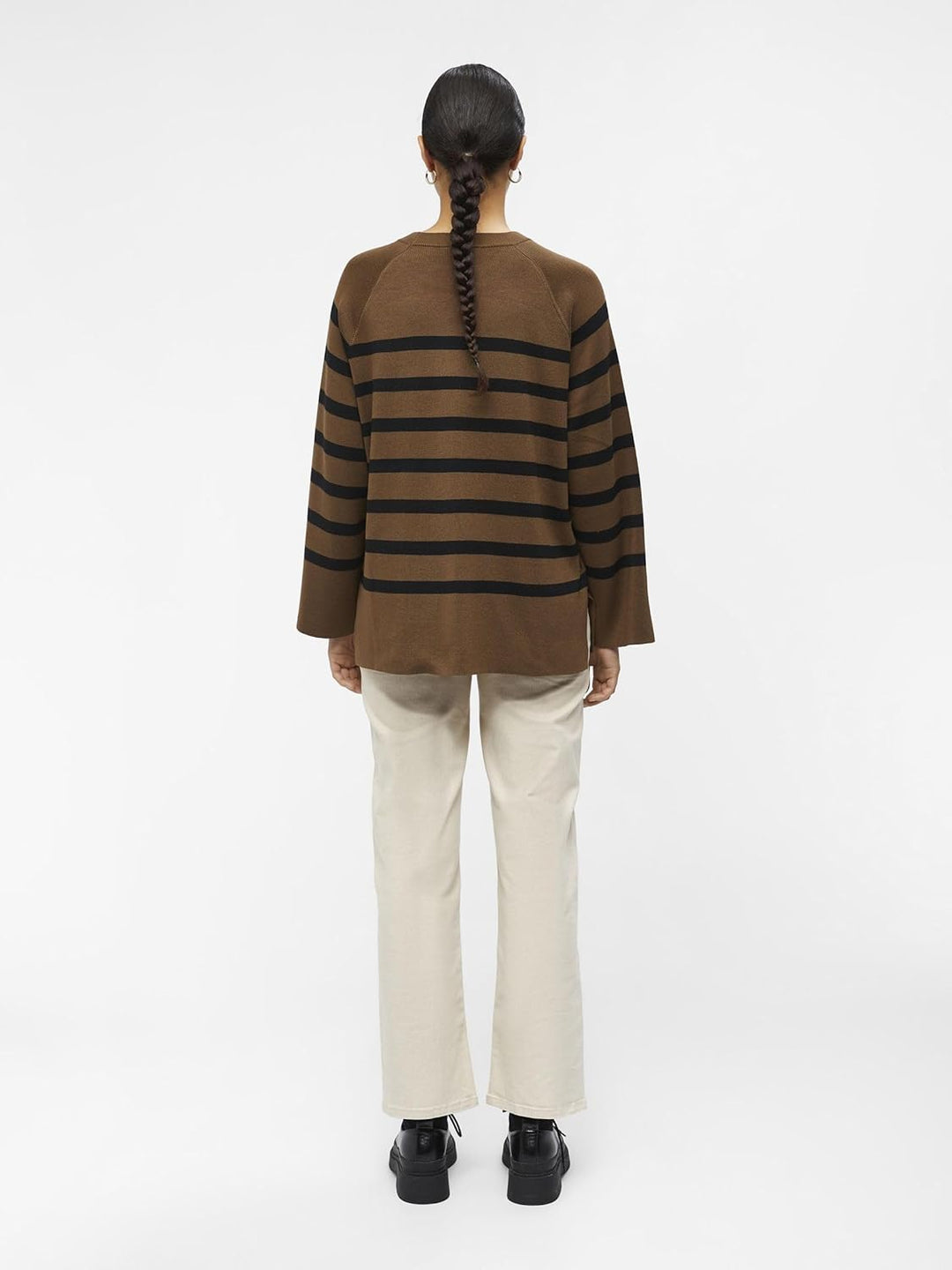 Object Damen Objester Ls Knit Top Noos Pullover, Dark Earth/Stripes:black