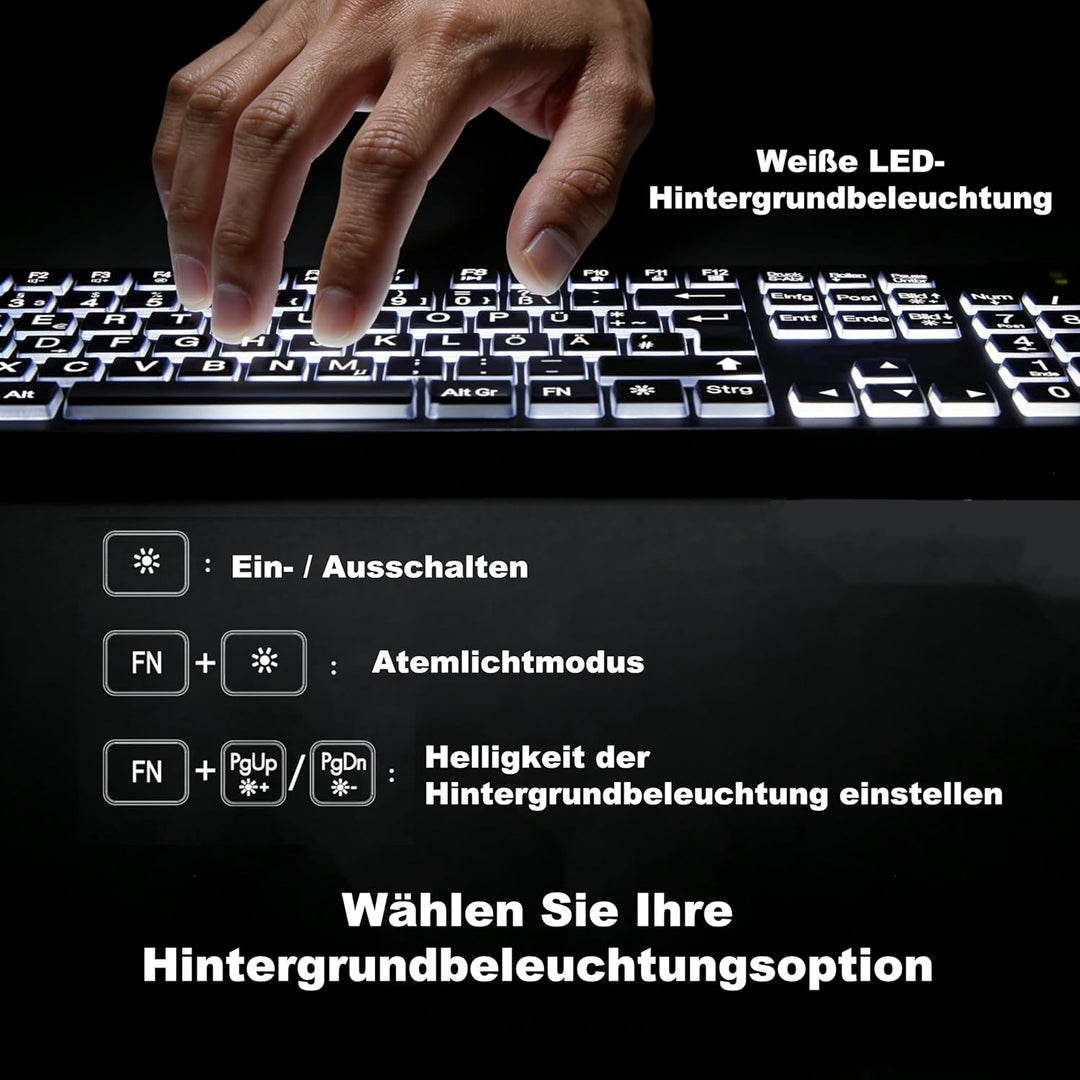 2,4-GHz Kabellose Beleuchtete Tastatur &amp; Maus Set, QWERTZ | 3 Helligkeitsstufen, Sanfte weisse Hinte