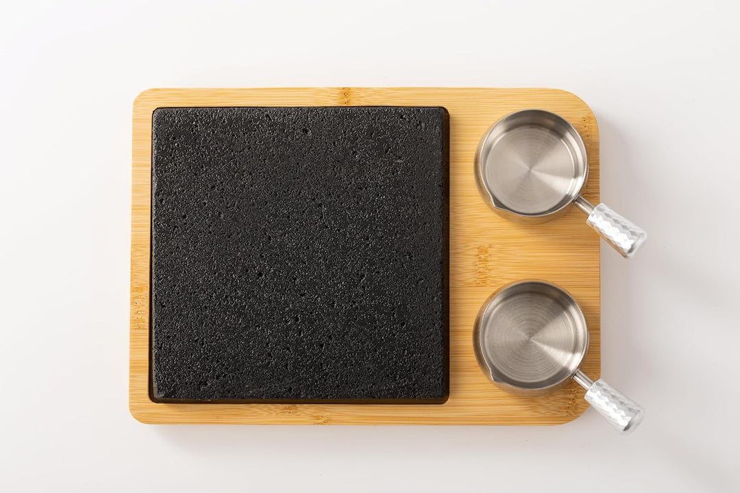 Lavastein Steak-BBQ Servierbrett Set,Hot Stone Steingrill Set aus Bambusbrett Lavastone,Grillen auf