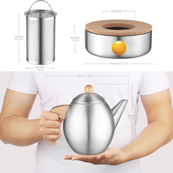 glastal 1200ml Silberne Teekanne Edelstahl mit Siebeinsatz und Doppelwandige Kanne mit Decke, Thermo