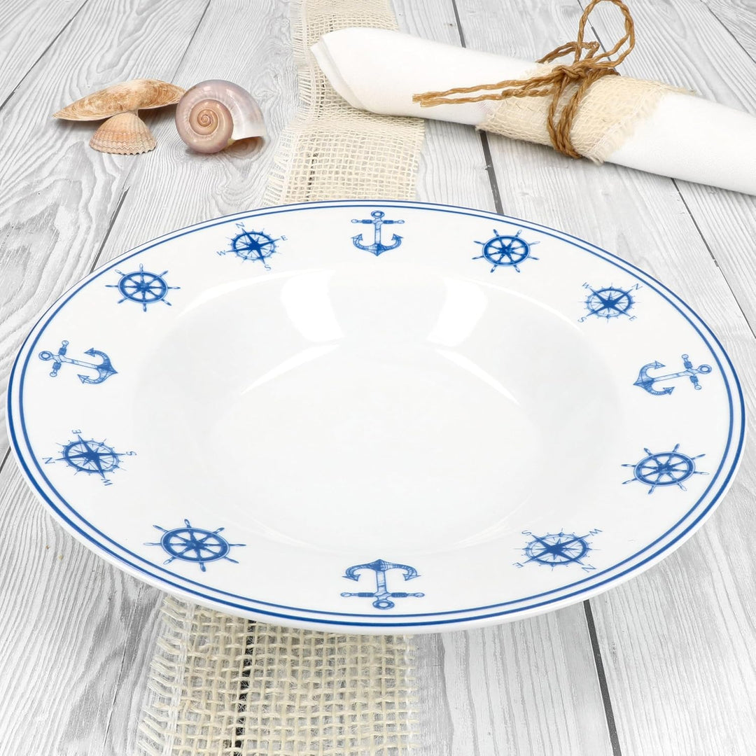 MamboCat 6er Set AHOI Suppenteller I 180ml I blau-weisse Porzellan-Teller mit nautischen Motiven für