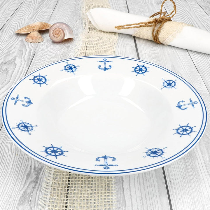 MamboCat 6er Set AHOI Suppenteller I 180ml I blau-weisse Porzellan-Teller mit nautischen Motiven für