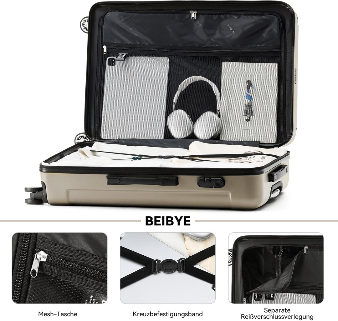 BEIBYE Hartschalen-Koffer Trolley Rollkoffer Reisekoffer Handgepäck 4 Rollen (M-L-XL-Set) (Champagne