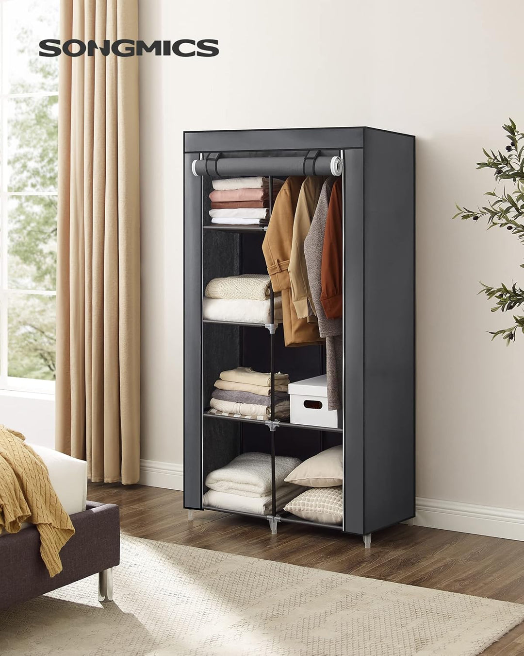 SONGMICS Kleiderschrank, Stoffschrank, 6 Ablagen, Verschiedene Aufbaumöglichkeiten, 88 x 45 x 168 cm