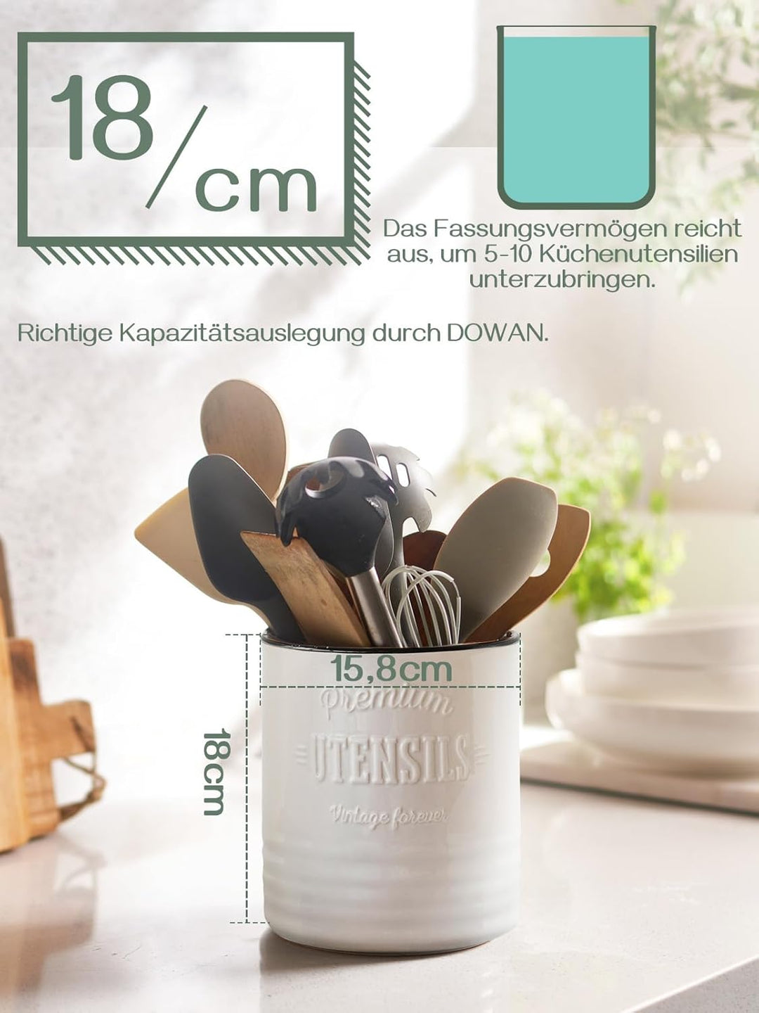 DOWAN Utensilienhalter Küche, 18,0 x 15,8cm Gross Küchenutensilienhalter, Retro-Stil Keramikdose, Ut