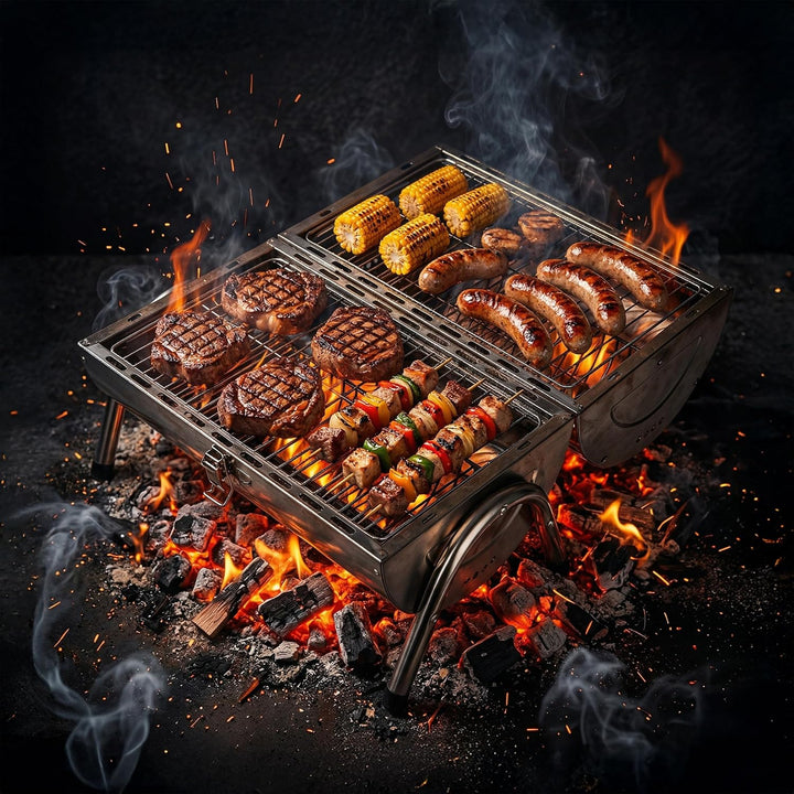Relaxdays Tischgrill, 2 Grillflächen je 34 x 21,5 cm, Outdoor Camping, Klappgrill &amp; Smoker, Holzgrif