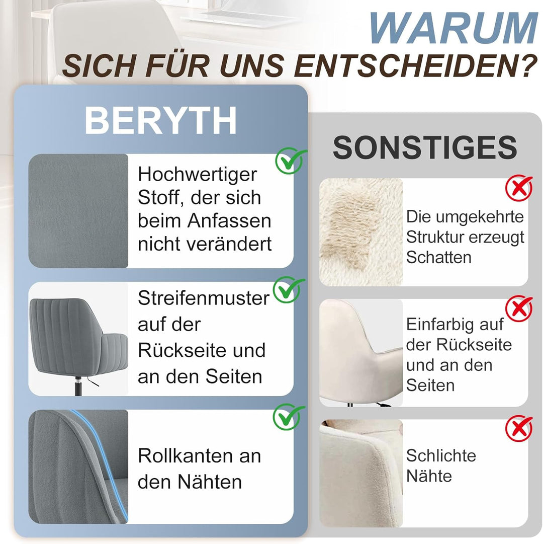 Schreibtischsessel Bürostuhl Homeoffice bis 136kg Drehstuhl Samt Schminkstuhl mit Armlehnen Rollen E