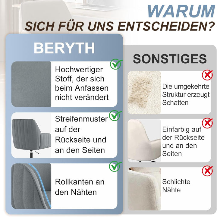 Schreibtischsessel Bürostuhl Homeoffice bis 136kg Drehstuhl Samt Schminkstuhl mit Armlehnen Rollen E