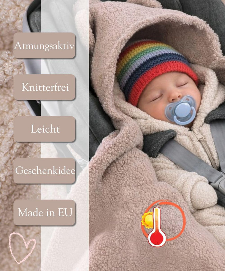 Einschlagdecke Babyschale Winter 80x80cm Kuschelig BOUCLÉ Lammfell-Optik, Kuscheldecke mit Kapuze fü