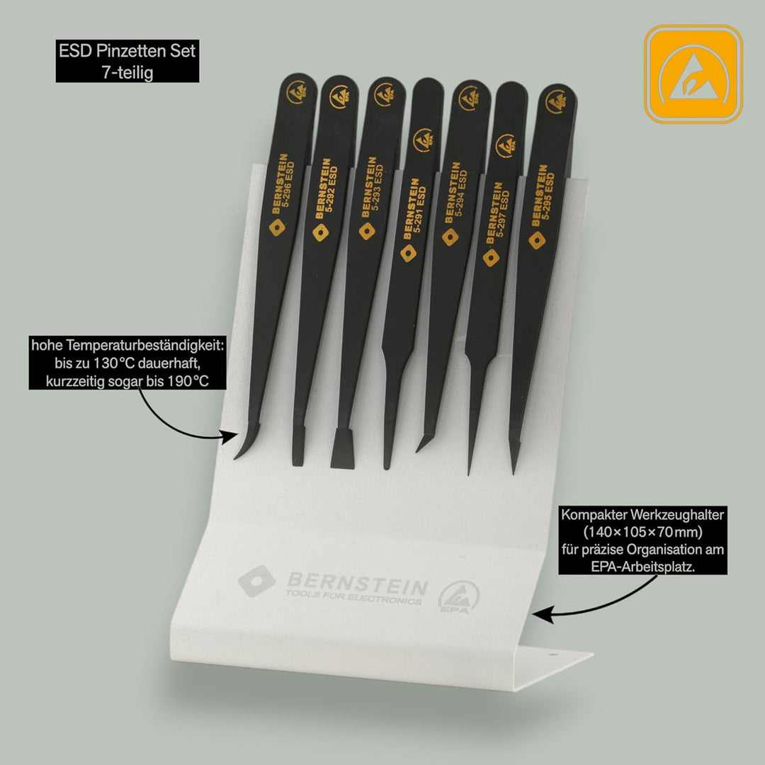 BERNSTEIN ESD Pinzetten Set 7-teilig - Antistatischer Kunststoff, Präzisionspinzette für Elektronik