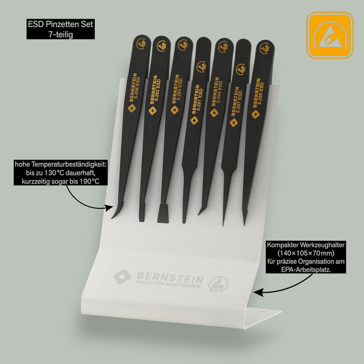 BERNSTEIN ESD Pinzetten Set 7-teilig - Antistatischer Kunststoff, Präzisionspinzette für Elektronik