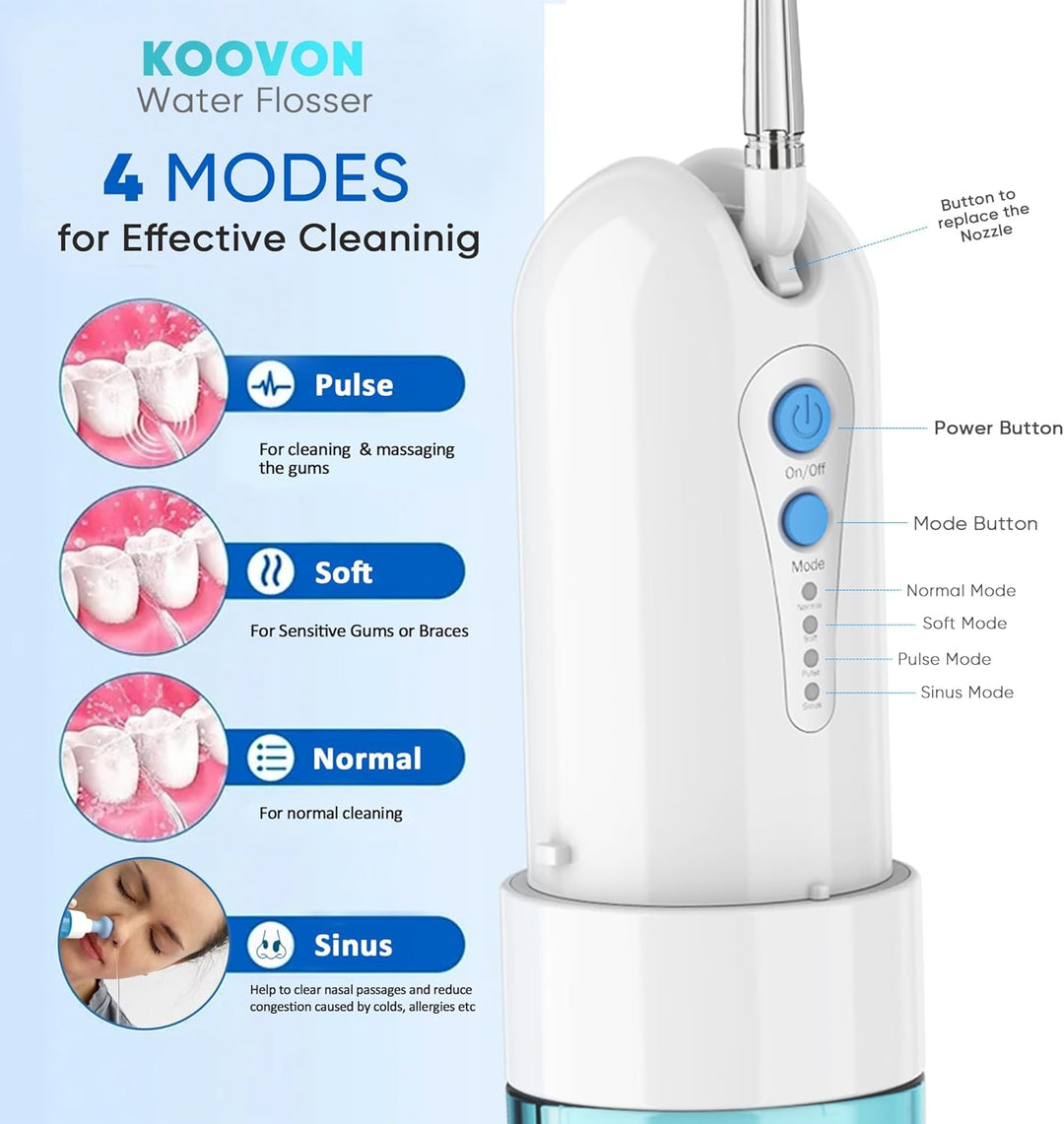 GEEDIAR Munddusche Testsieger Reise, Water Flosser Zahnzwischenraumreiniger mit 5 um Ersatzdüsen, 4