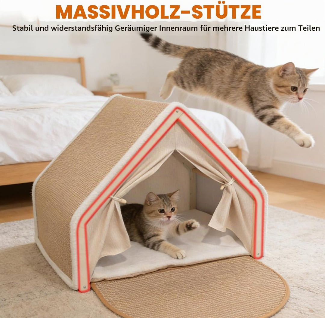 2-in-1 Katzenhaus mit Kratzbrett, Holz katzenzelt &amp; Sisal Kratzfläche als Gemütliche Katzenhöhle für