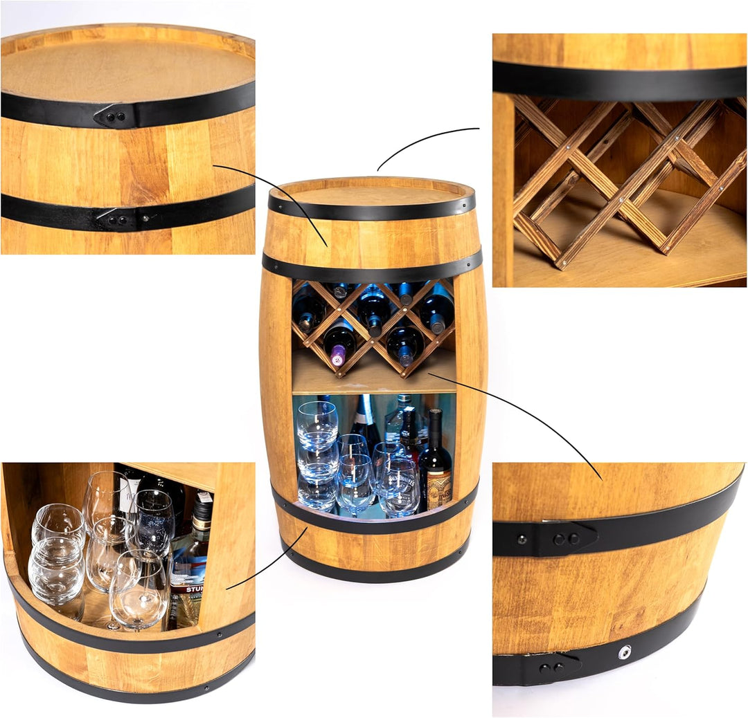 CREATIVE COOPER Fass bar LED RGB mit Weinhalter - Weinregal - Holzfass Hausbar 80x50cm - Rustikaler