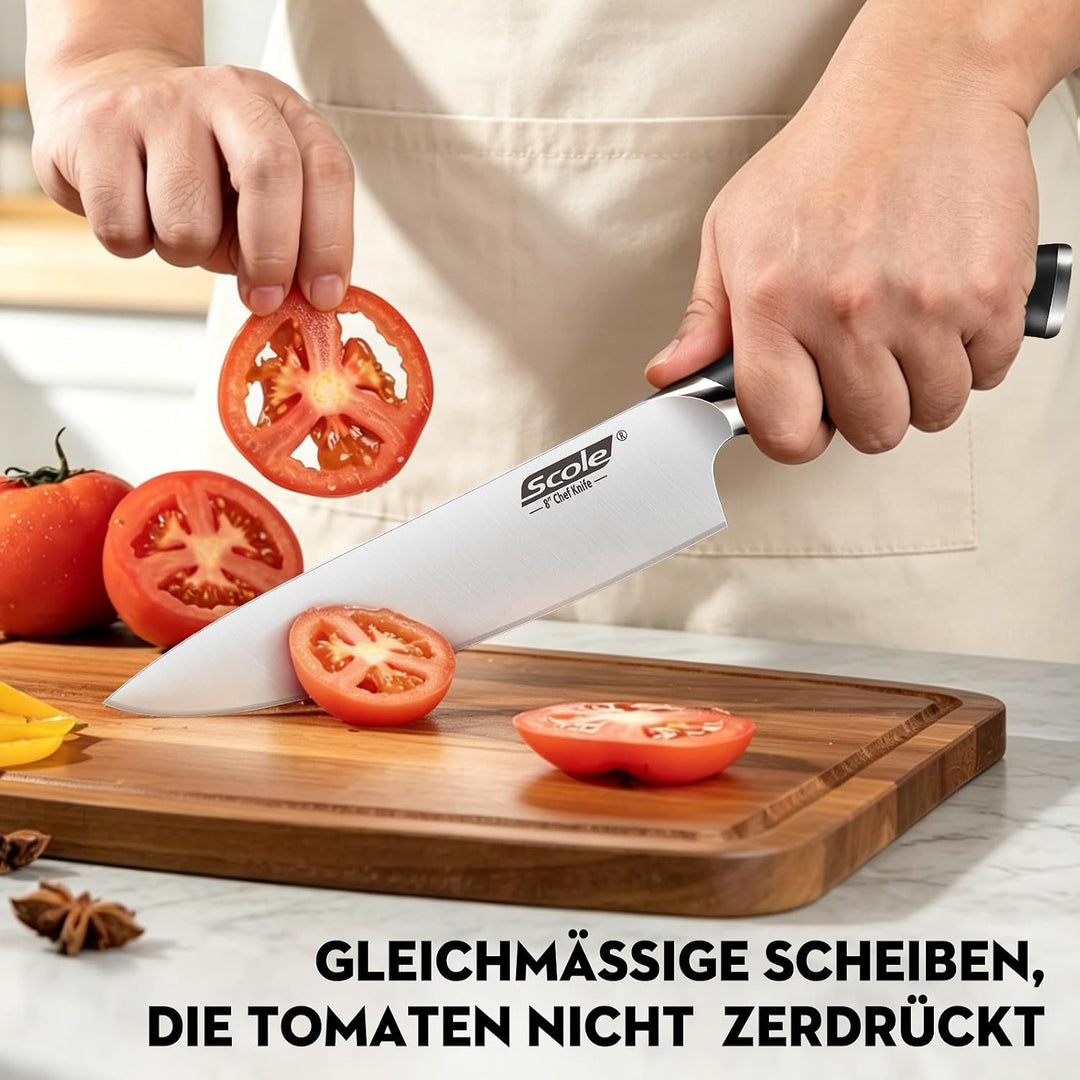 SCOLE® Messerset, Rasierscharf Küchenmesser Set 7-teilig mit Wetzstab, Messer Set, Profi Kochmesser